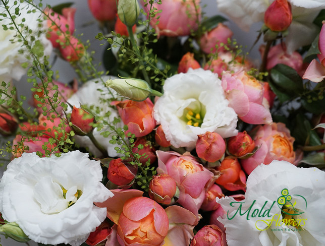 Bouquet of white eustoma and orange roses photo